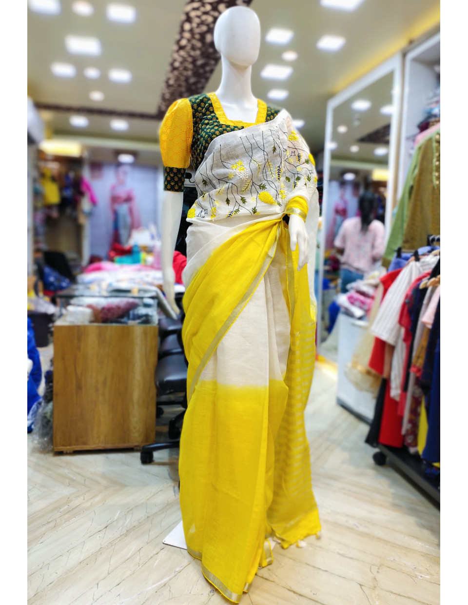 White And Yellow Linen By Linen Saree With Embroidery Work On Front Portion And Silver Zari Stripes Work On Pallu - Also Has Highlighted Silver Zari Border (KR2249)